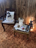 Chair, end table, decorative items, clock, pictures, Boyd Bear
