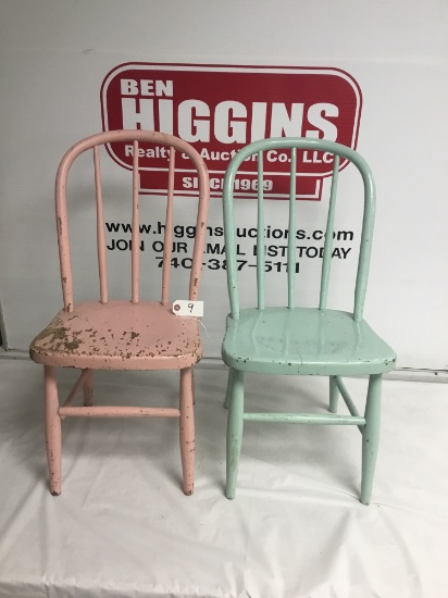 Pair of small wood pink & green chairs