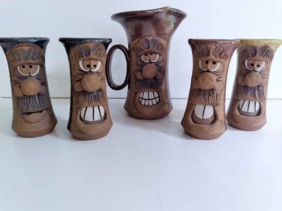 Vintage Kitsch Studio Pitcher and 4 Mugs. Each mug holds 12oz.