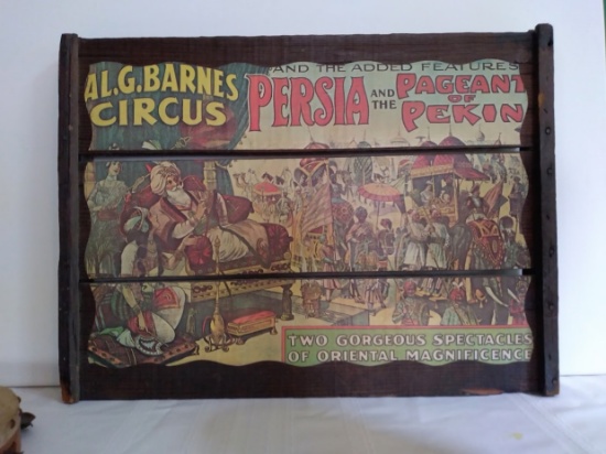 Wood AG Barnes Circus print with bongo drum and older child's tambourine.