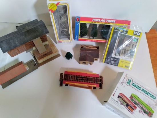 HO- Misc box of Train fun. Includes two Classic Street Cars