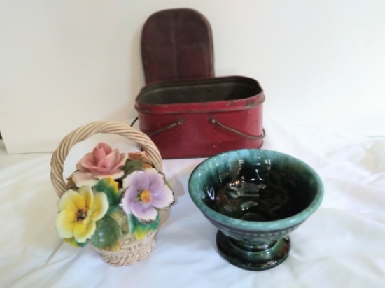 Vintage Pottery Lot and old Metal lunch Pail.