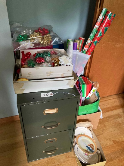 Metal file cabinet, Xmas wrapping, vintage plates, bowls, tags, and gift bags