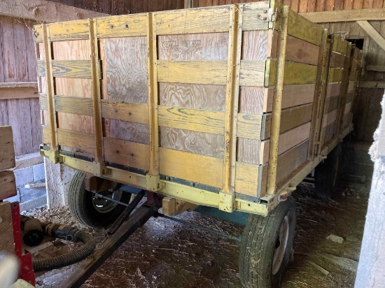 12’ x 86” flatbed wagon w/ 42” stake bed racks, custom gear by Jim, like new tires