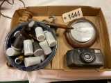 Box of Misc - Camera/New Rollsof Film/Barometer/Gavel