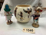 2 Kachina Dolls & Pottery Bowl