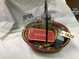 Basket w/ Glass Jars & Sewing Machine Attachments