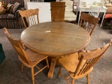 Round Oak Pedestal Table w/Leaf & 4 Pressed Back Cairs