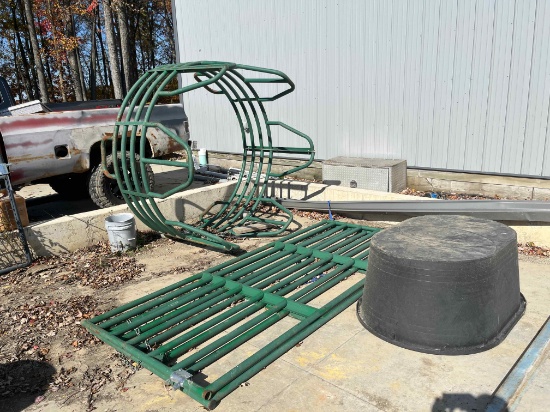 Round bale feeder, Stock tank, (2) 10' headgates, (1) small pen gate