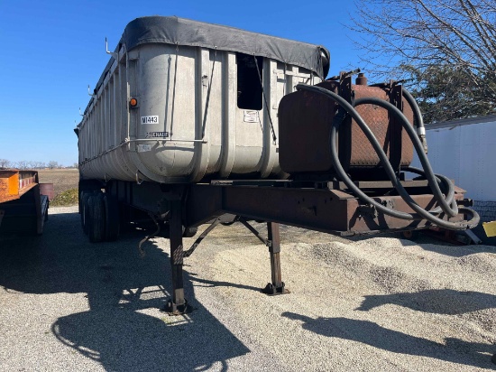'65 Fruehauf 28' alum. dump trailer, tri-axle, poly liner, tarp, good cond.