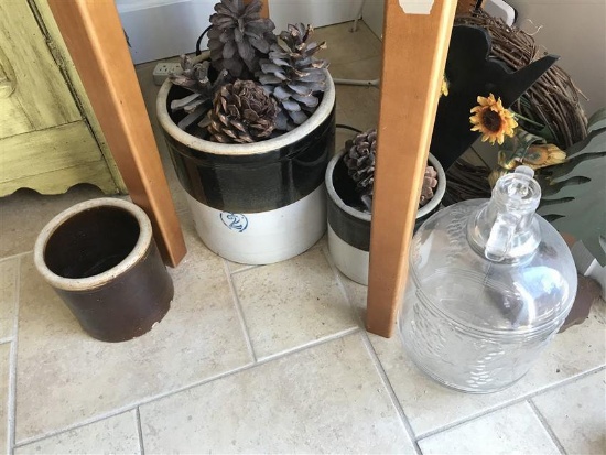 3 Stoneware Pieces, Glass Jug, Wreath, Folky Cat