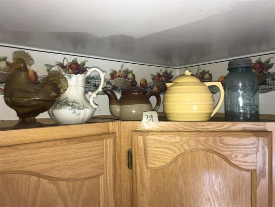 Stoneware, Glass Lot On Top Of Cabinets