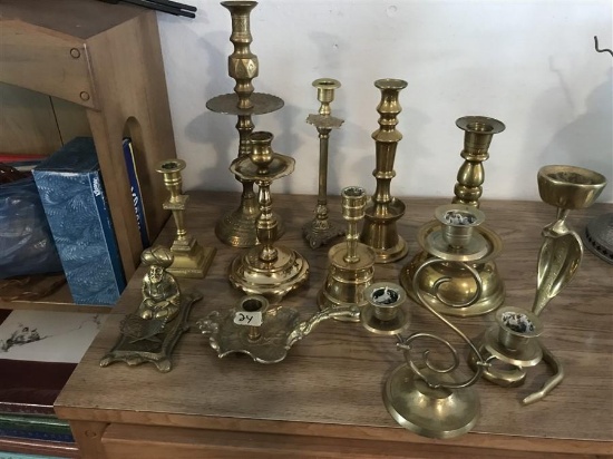 Large Lot Vintage Antique Brass Candlesticks