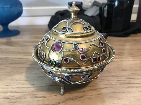 Unusual Antique Jeweled Covered Dish Brass