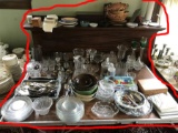 Table and mantle lot of glass, antiques etc