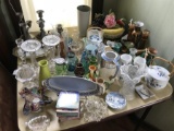 Table lot of glass, tiles, ceramics, antiques etc