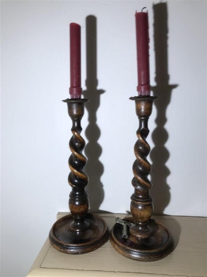 Pair Irish Barley Twist Wooden Candle Sticks