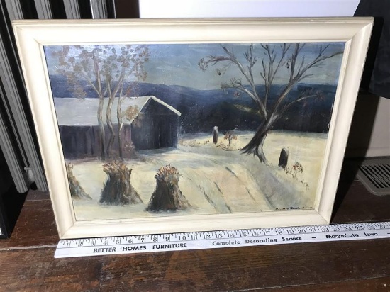 Primitive Oil Painting Covered Bridge Corn Stalks