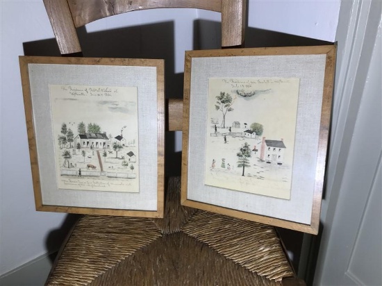2 Framed Repro Folk Art Homestead Drawings