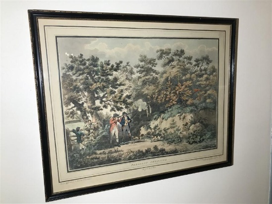 Antique Print of Pheasant Hunters in Frame