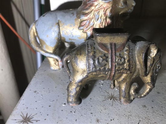 2 Antique Metal Banks Lion and Elephant