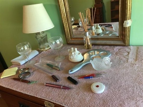 Items on dresser lot inc. pens, glass, watches