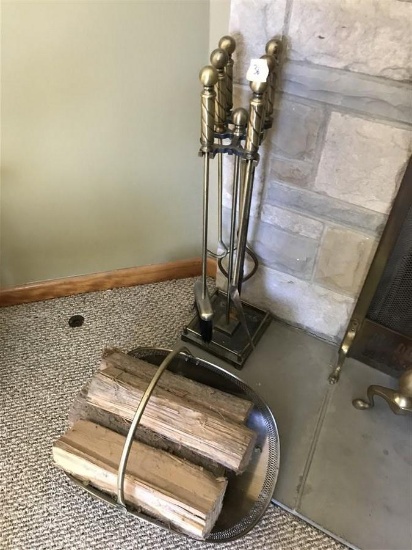 Metal fireplace tools and log holder