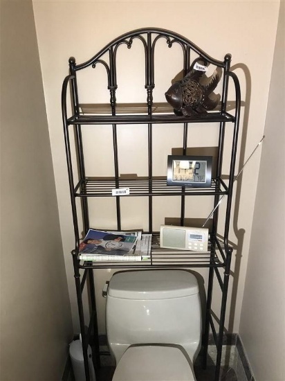 Assorted items on shelf lot - clock, radio, fish