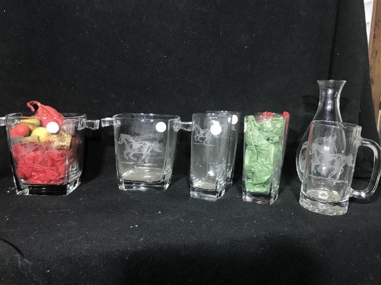 Group Lot Etched Horse Glass items