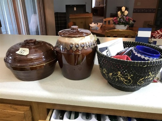 Two pottery storage containers plus Basket