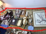 Frames, Old Afghans etc on couch