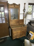 Antique Oak Dresser with Towel Bar & Mirror