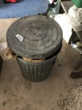 Metal Garbage Can with Burlap Sacks, ropes