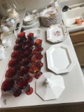 Counter Lot of Ruby Flash Glass, Ceramics Etc