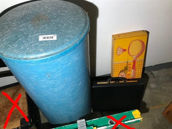 Blue Storage Barrel, Briefcase, Badminton Lot