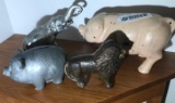 Group of 3 Antique Banks + Elephant. Pigs, lion