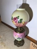 Antique Oil Lamp with Floral Painted Shades