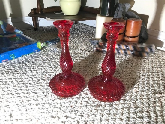 Pair of Red Glass Made in Portugal Candle Sticks
