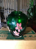 Heavy Italian Green Glass Vase w/Stretched Flowers