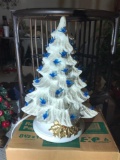 Vintage Ceramic Christmas Tree White w/Bluebirds