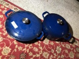 Two Cast Iron Pans with Lids Nice Blue Enamel