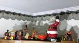 Vintage toys, Santa Clause, train etc on shelf