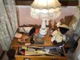 Items on top of cabinet including pair of lamps