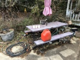 Picnic Table, Plastic Barrel Planter, Hose Lot