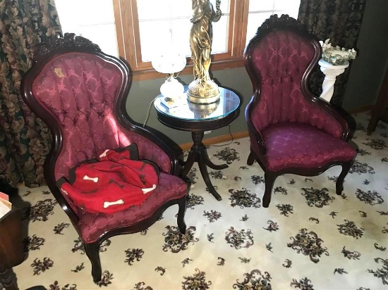 Pair Antique Victoriam Armchairs w/Red Upholstery