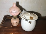 Vintage Pink Glass Lamp + Enamel Chamber Pot