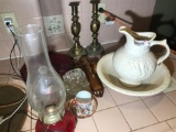 Group Lot Misc items, candle sticks, lamp, glass