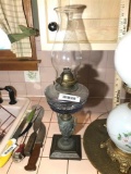 Nice Antique Oil Lamp Figural Base Blue Tone