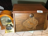 2 Vintage Clocks and a Wooden Bread Box