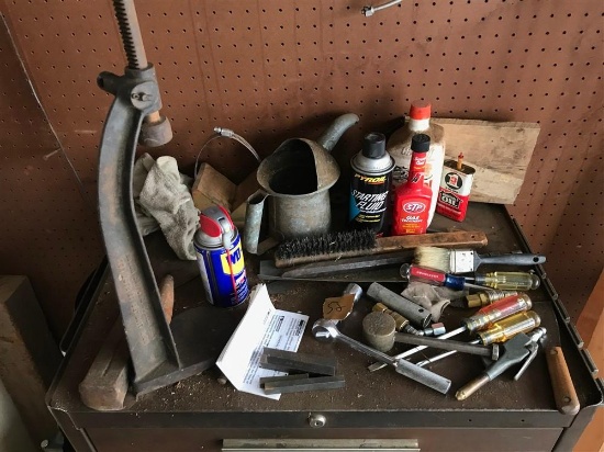 Group Lot Assorted Items on Tool Bench